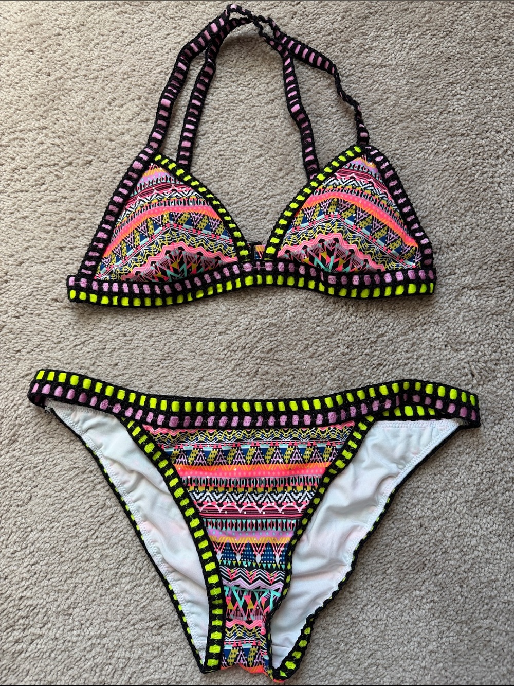 Victoria's Secret Neon Pink & Yellow Tribal Crochet Bikini
